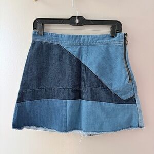 Zara Patchwork Denim Mini Skirt Raw Hem Blue M